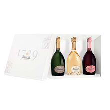 Coffret de trois bouteilles de Champagne Ruinart (brut, rosé et blanc de blancs) Ruinart
