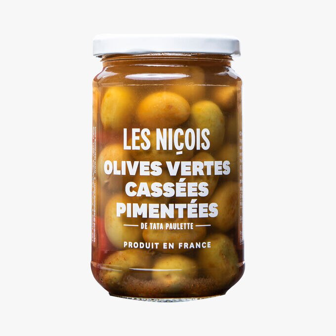 Olives vertes cassées pimentées de tata Paulette Les Niçois