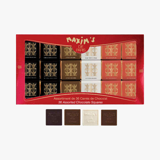 Étui, assortiment de 36 carrés de chocolat Maxim's