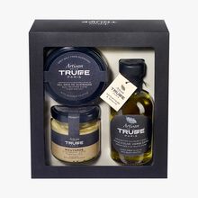 Coffret Avec Huile D Olive Aromatisee A La Truffe Noire Sel De Guerande A La Truffe D Ete Et Moutarde A La Truffe D Ete Artisan De La Truffe