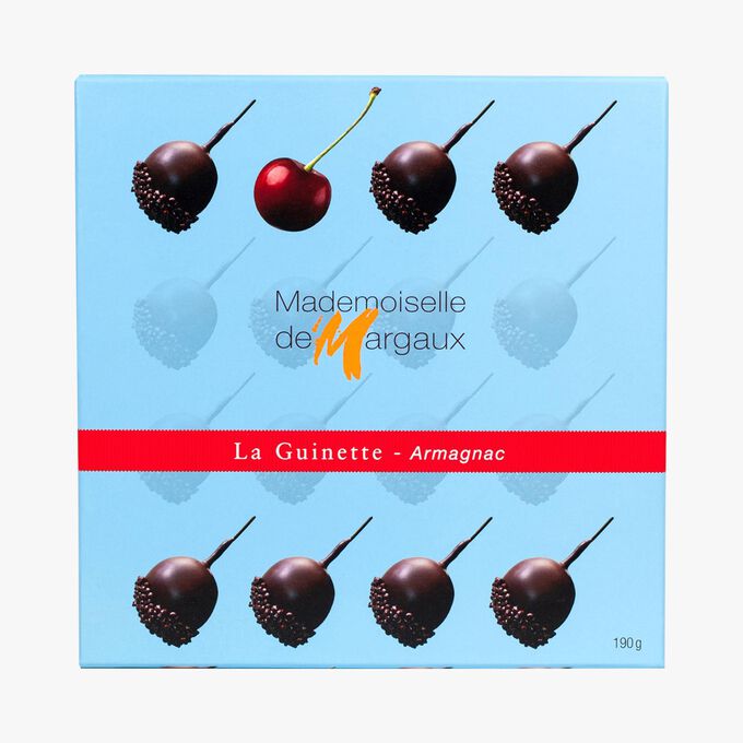 Coffret de 16 bonbons de chocolat aux griottes à l'alcool dans un fondant à l'Armagnac Mademoiselle de Margaux