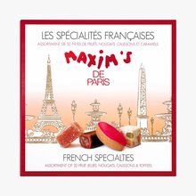 Assortiment de 32 spécialités françaises : pâtes de fruits, nougats, calissons et caramels Maxim's