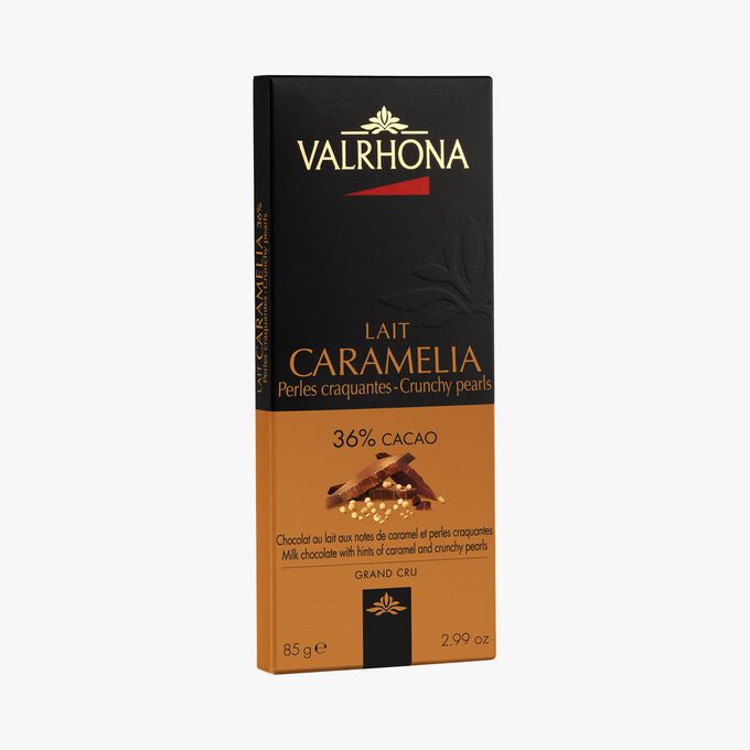Tablette Caramélia, chocolat au lait 36% aux perles craquantes Valrhona