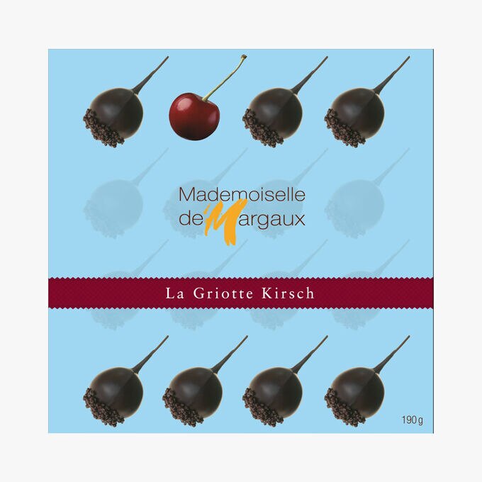 Coffret de 16 bonbons de chocolat aux griottes à l'alcool réhaussé de Kirsch Mademoiselle de Margaux