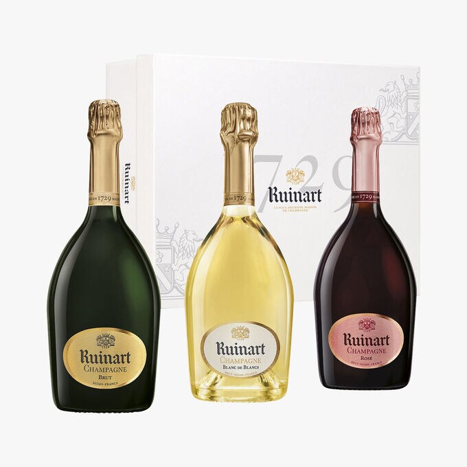 Coffret De Trois Bouteilles De Champagne Ruinart Brut Rose Et Blanc De Blancs