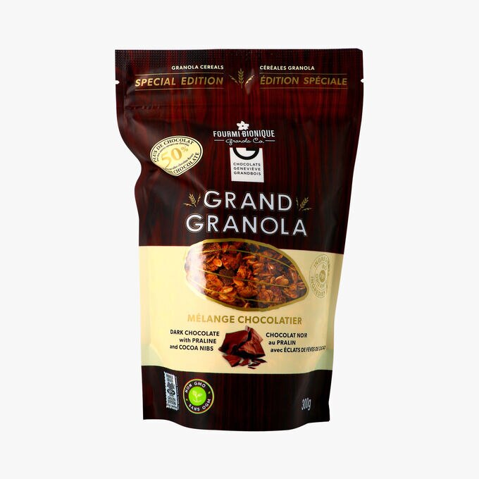 Grand granola mélange chocolatier - chocolat noir au pralin avec éclats de fèves de cacao La Fourmi Bionique