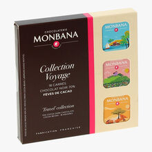 Collection Voyage - Assortiment de 18 carrés de chocolat noir 70 % cacao fèves de cacao Chocolaterie Monbana