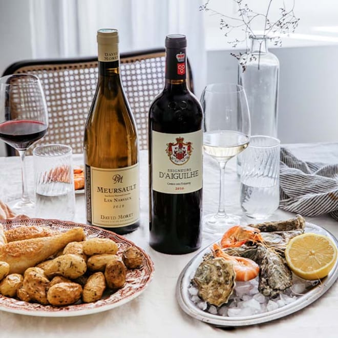 bouteilles de vins, huitres