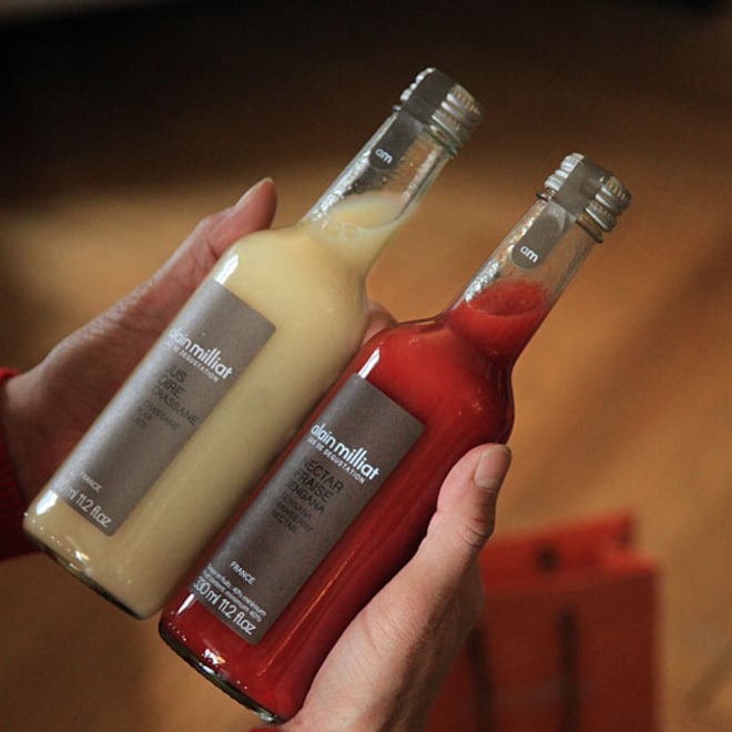 jus tomate, nectar fraise Sengana, jus d'ananas, jus myrtille sauvage