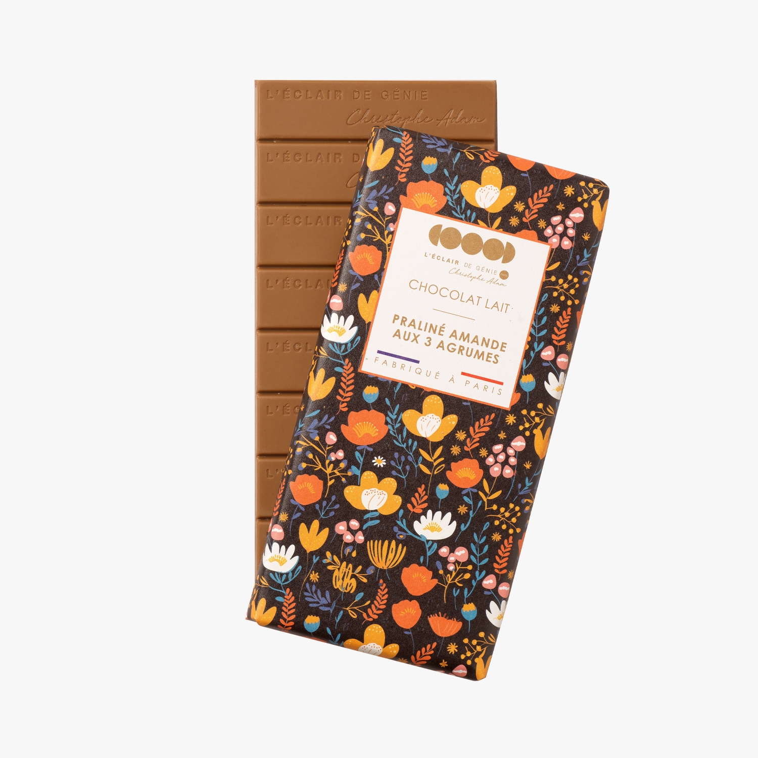 Tablette chocolat lait - Praliné amande aux 3 agrumes L'Éclair de Génie