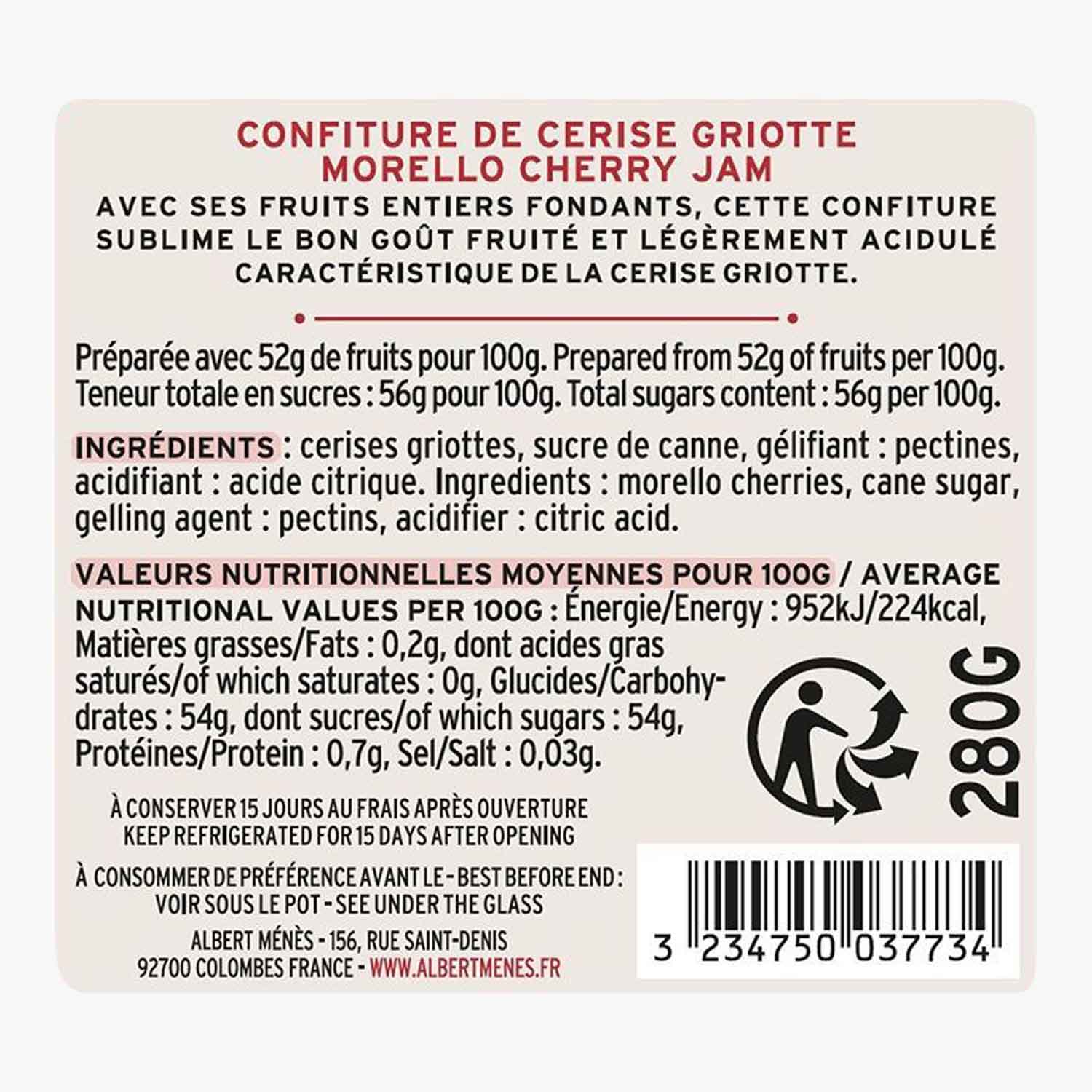 Confiture de cerise griotte - Albert Ménès - 280 g