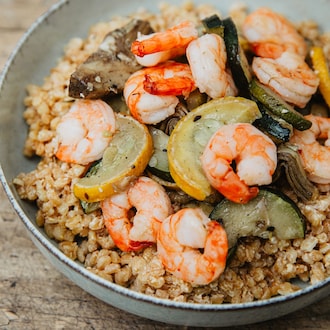 Risotto de petit &eacute;peautre aux crevettes, sauce tha&iuml; null