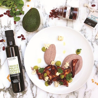 Poulpe r&ocirc;ti, haricots rouges, ma&iuml;s souffl&eacute; Recette propos&eacute;e par La Grande &Eacute;picerie de Paris