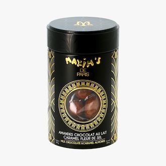 Amandes chocolat au lait, caramel fleur de sel, boîte métal Maxim’s de Paris