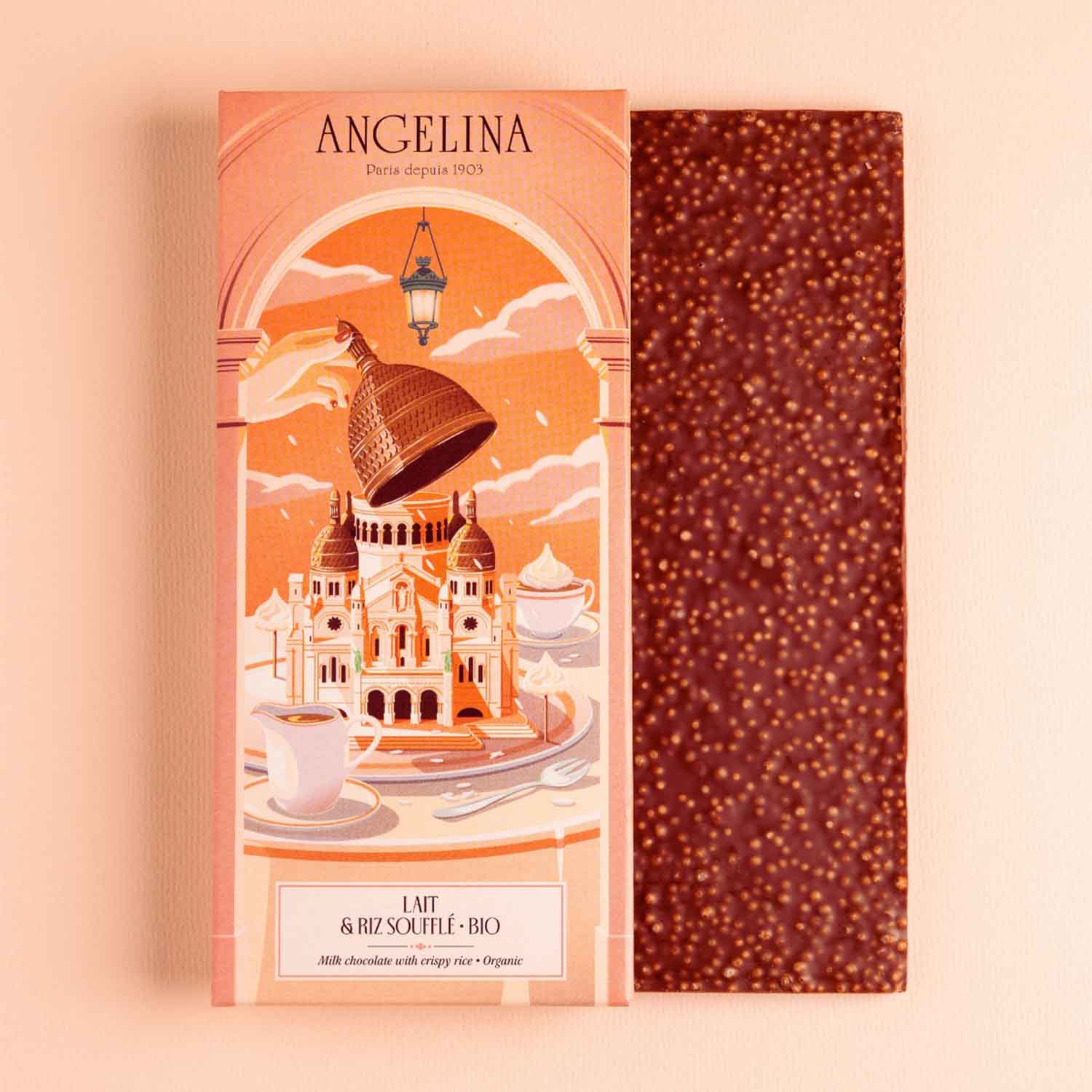 Tablette de chocolat au lait et riz croustillant bio Angelina