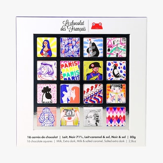 Coffret 16 carrés de chocolat lait, noir 71 %, lait caramel & sel, noir & sel Le Chocolat des Français