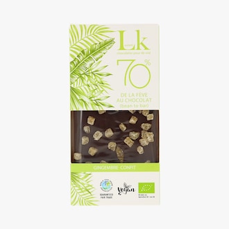 Tablette de chocolat noir 70 % et gingembre confit bio Laurent K