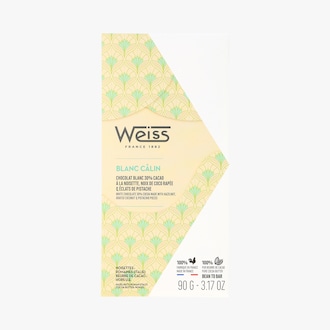 Blanc câlin - Chocolat blanc 30 % cacao à la noisette, noix de coco râpée et éclats de pistache Weiss