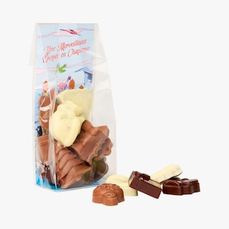 Assortiment de chocolats pralinés, au lait et noir, une merveilleuse épopée en Chaponie Chapon