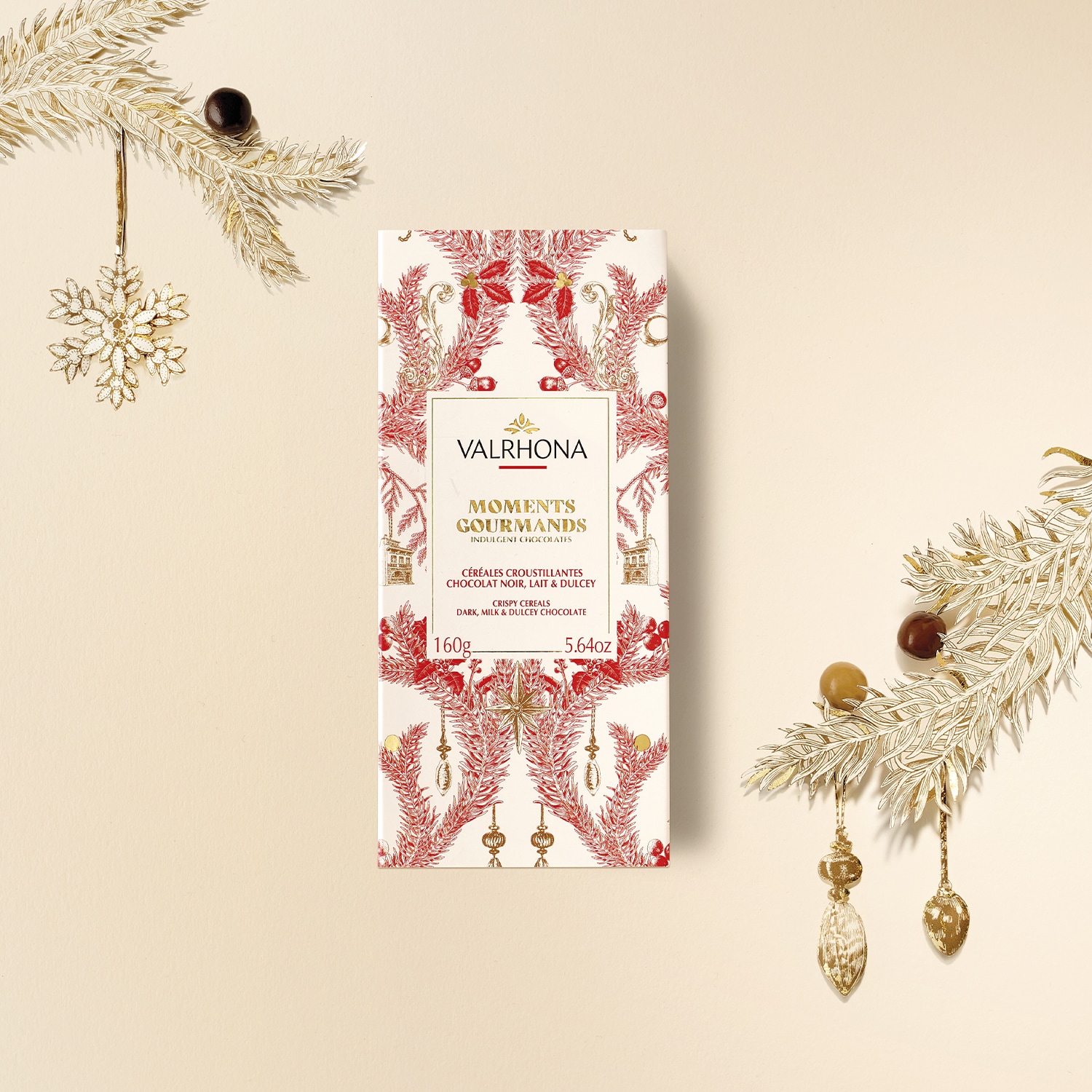 Moments gourmands, céréales croustillantes enrobées de chocolat noir, au lait et dulcey Valrhona