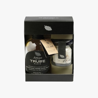 Coffret huile d’olive aromatisée à la truffe noire et mini sel de Guérande IGP à la truffe d’été Artisan de la truffe