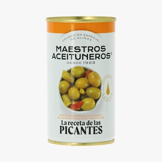 Olives vertes avec noyau assaisonn&eacute;es avec huile et &eacute;pices Maestros Aceituneros