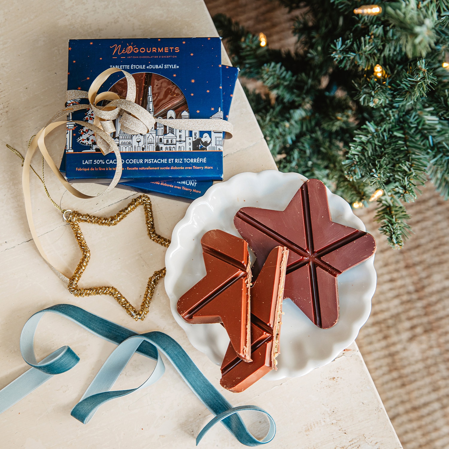 Tablette de chocolat lait 50% cacao cœur pistache et riz torréfié - Tablette Etoile "Dubaï Style" Néogourmets
