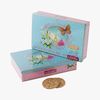 Sablé pur beurre, pépites de chocolat, boîte « Paris bleu » plate La Sablésienne