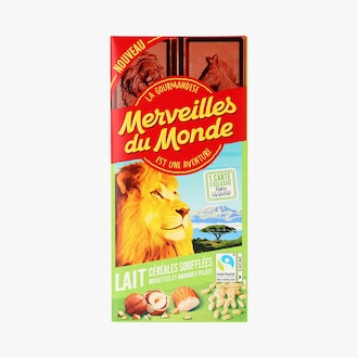 Tablette de chocolat lait c&eacute;r&eacute;ales souffl&eacute;es noisettes et amandes pil&eacute;es Merveilles du monde