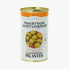 Olives vertes avec noyau assaisonn&eacute;es avec huile et &eacute;pices Maestros Aceituneros