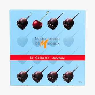 Coffret de 16 bonbons de chocolat aux griottes à l'alcool dans un fondant à l'Armagnac Mademoiselle de Margaux