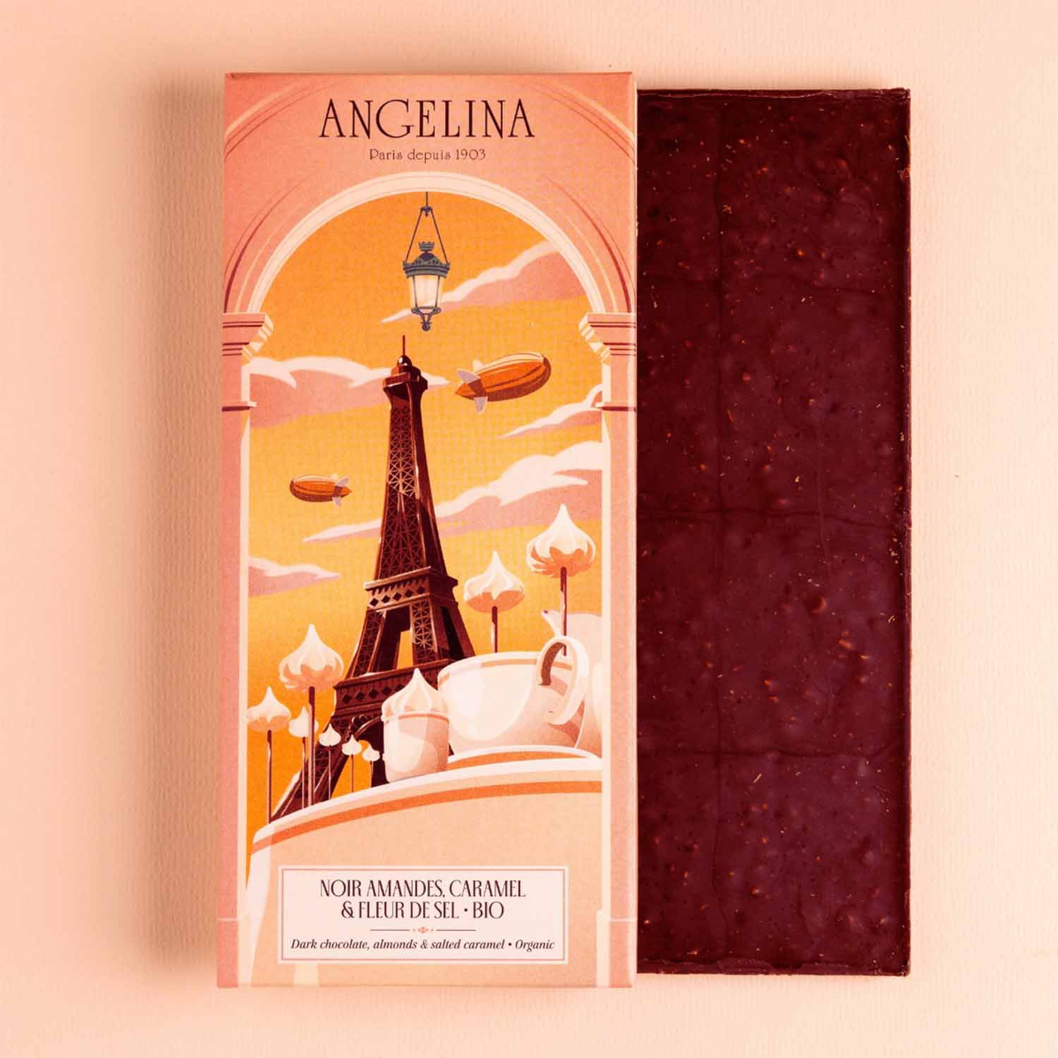 Tablette de chocolat bio noir amandes, caramel et fleur de sel Angelina