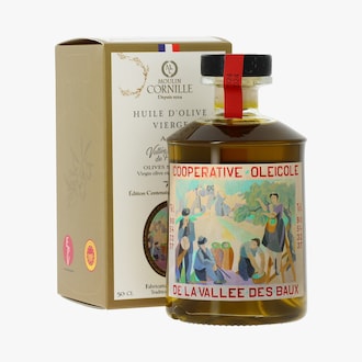 Huile d'olive de la Vall&eacute;e des Baux-de-Provence AOP flacon &eacute;tui &Eacute;dition Centenaire Moulin CORNILLE