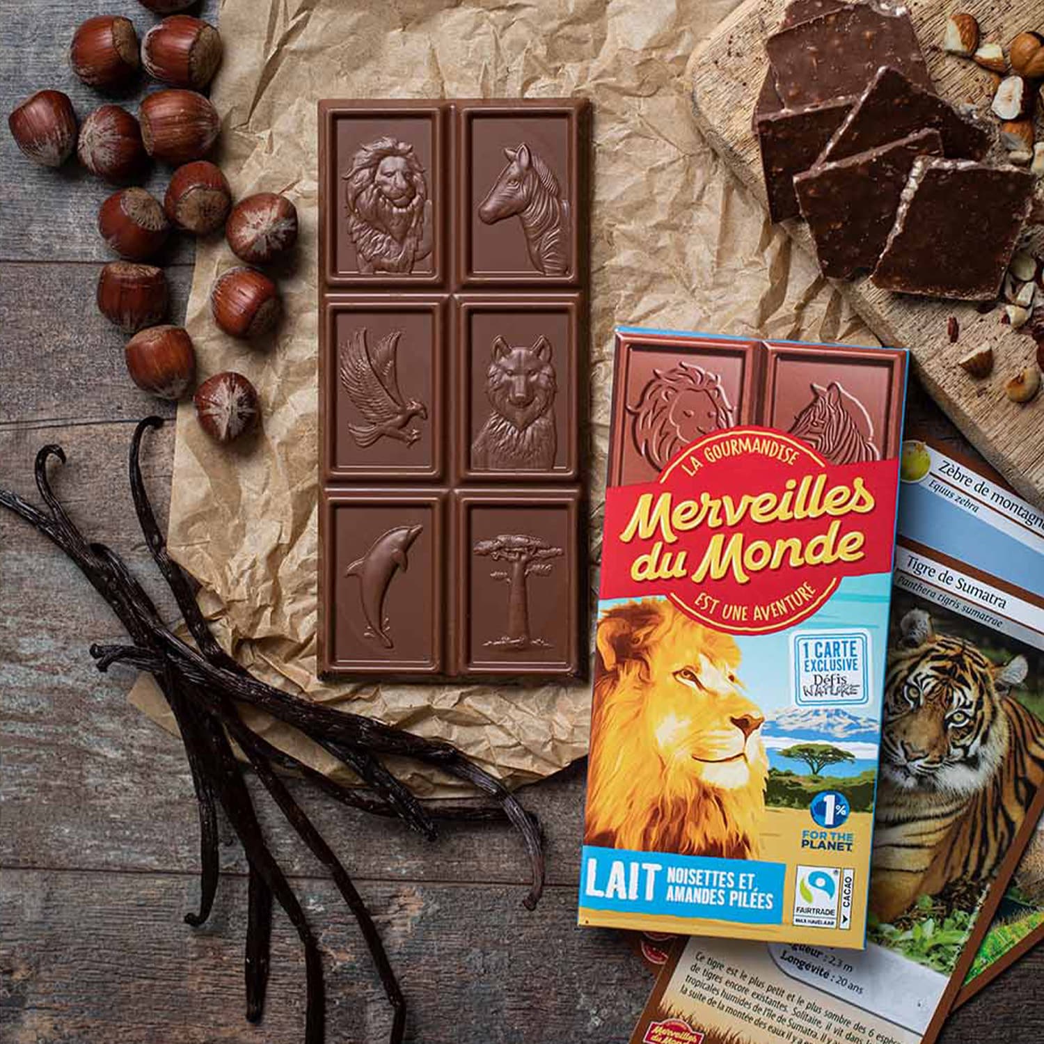 Tablette de chocolat au lait, noisettes et amandes pilées Merveilles du monde