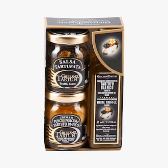 Coffret sauce à la truffe d'été 1%, crème de cèpes aromatisée à la truffe blanche - Préparation culinaire à base d'huile d'olive et arôme de truffe blanche Giuliano Tartufi