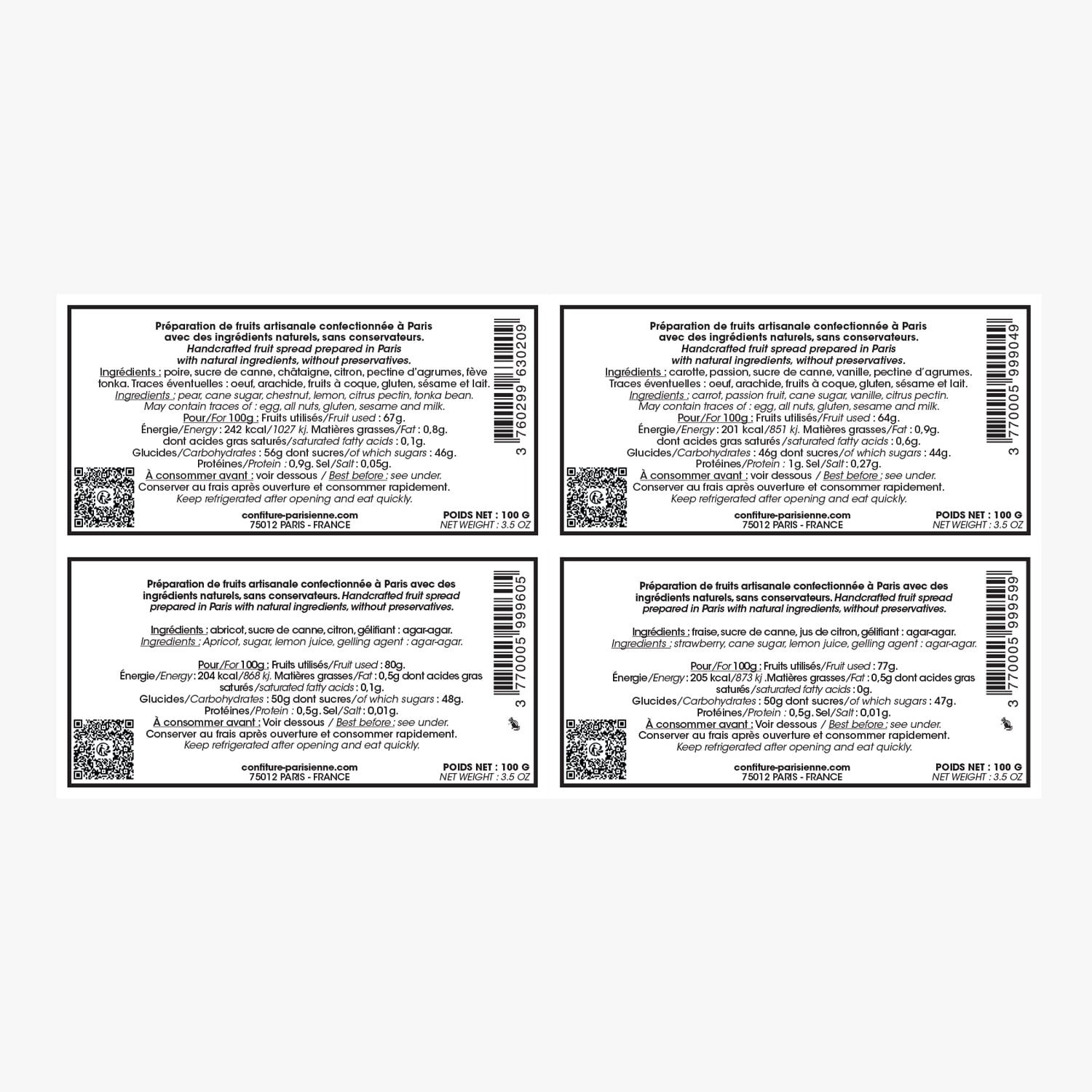 Coffret cadeau 4 pots de confitures de 100g Confiture Parisienne