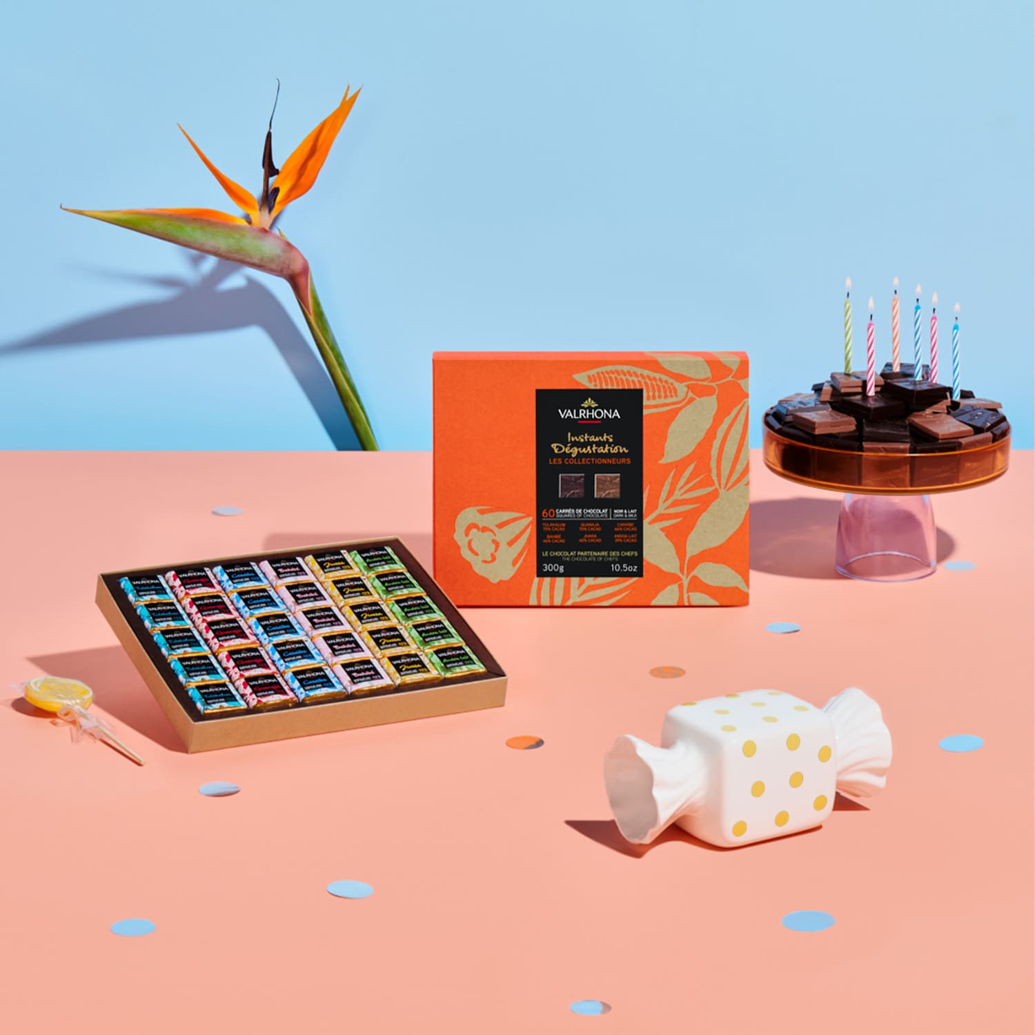 Coffret 60 carrés de chocolat noir et lait Valrhona